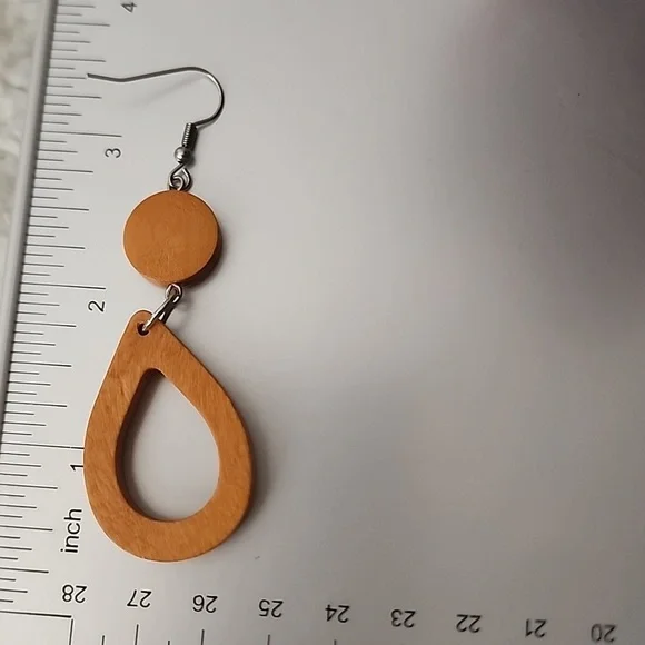 Wood disc Dangle Tear Drop cut out Boho Earrings 925S Sterling Posts - Picture 4 of 5